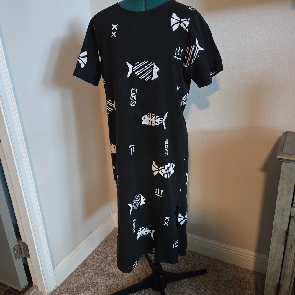 C.C. Collection Midi Dress Women Large Black White Fish Tribal Pattern Cotton